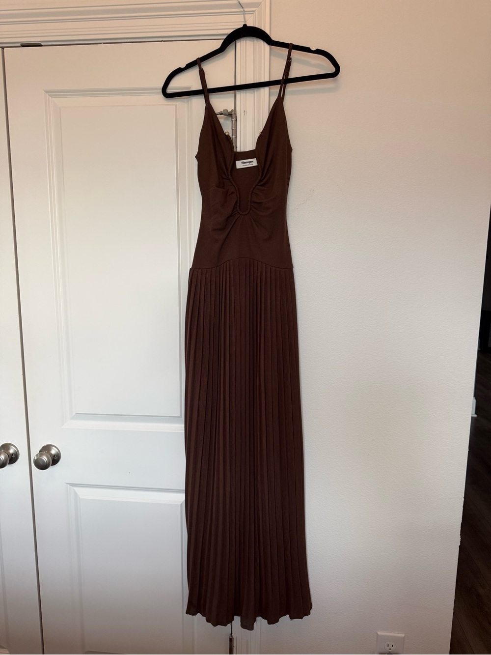 Showpo Low Cut Chocolate Brown Pleated Maxi Dress
